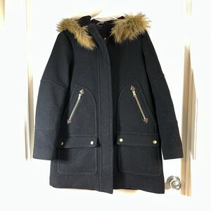 J.Crew Women Nello Gori Stadium Cloth Fur Hood Long Jacket Black Sz 2 Chest 40in